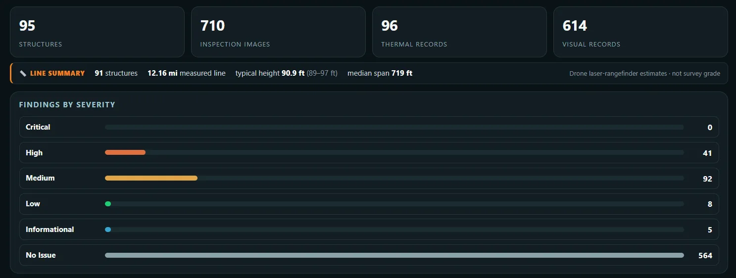 Drone Force portal summary panel with structure counts and findings by severity