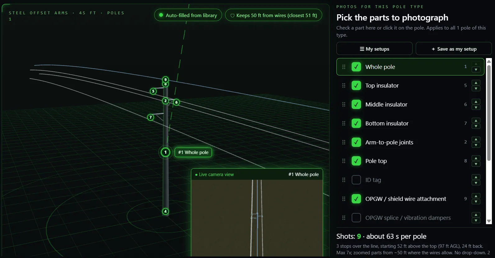 Drone Force Inspector photo setup with numbered shot points on a 3D pole
