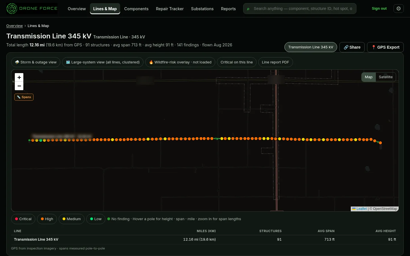 Drone Force customer portal map of a line with structures colored by severity